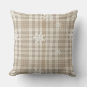 Oreiller décoratif flocon de neige gingham beige –