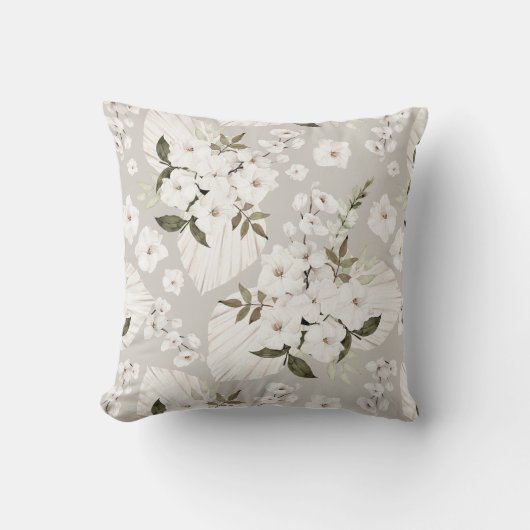 Oreiller décoratif floral Boho neutre Fleurs blanc (Recto)