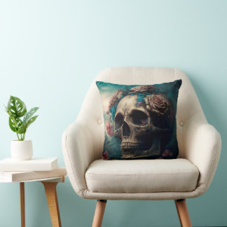 Oreiller design motif tête de mort et roses
