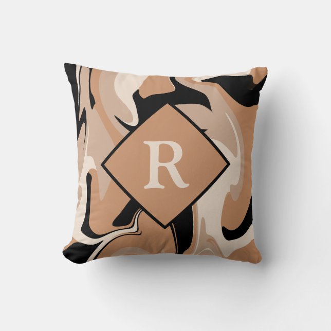 Oreiller en marbre noir marron crème avec monogram (Recto)