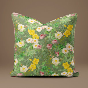 Oreiller Fleur de Rose Sauvage Vintage en Vert Sau