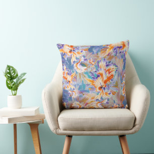 Oreiller Floral Abstrait Orange et Bleu Vibrant
