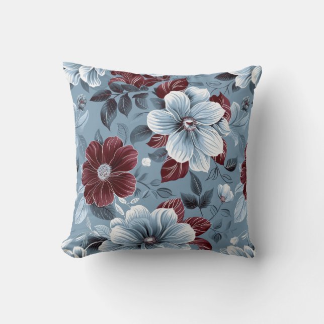 Oreiller floral chic Dusty bleu et bordeaux (Recto)