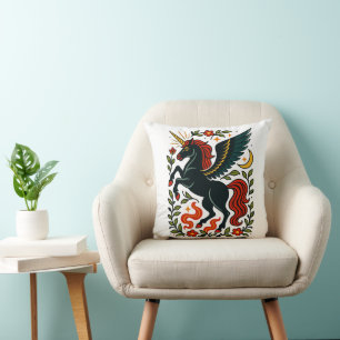 Oreiller floral licorne Pégase d'art populaire