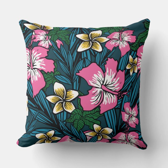 Oreiller Floral Polynésien Rose Jaune Turquoise Co (Recto)