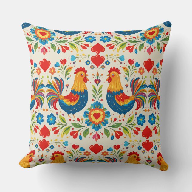 Oreiller floral poulet art populaire (Recto)