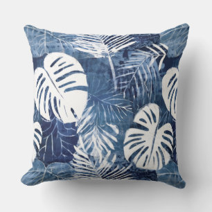 Oreiller jeté à feuilles de palmier bleu blanc