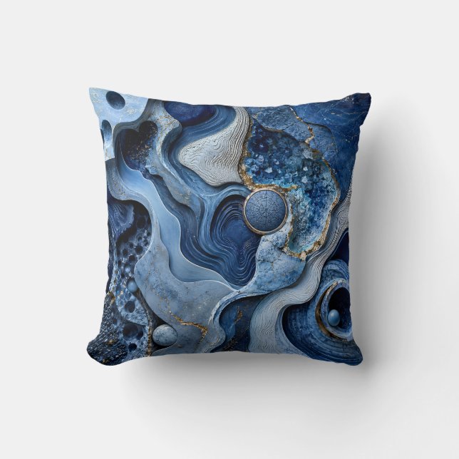 Oreiller jeté abstrait géode bleu or | Art de luxe (Recto)