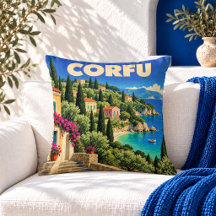 Oreiller jeté affiche de voyage Corfou Grèce vinta