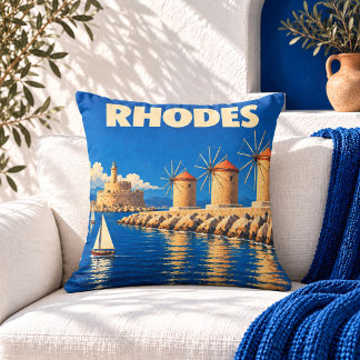 Oreiller jeté affiche de voyage Rhodes Grèce vinta
