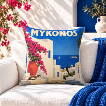 Oreiller jeté affiche de voyage vintage Mykonos Gr