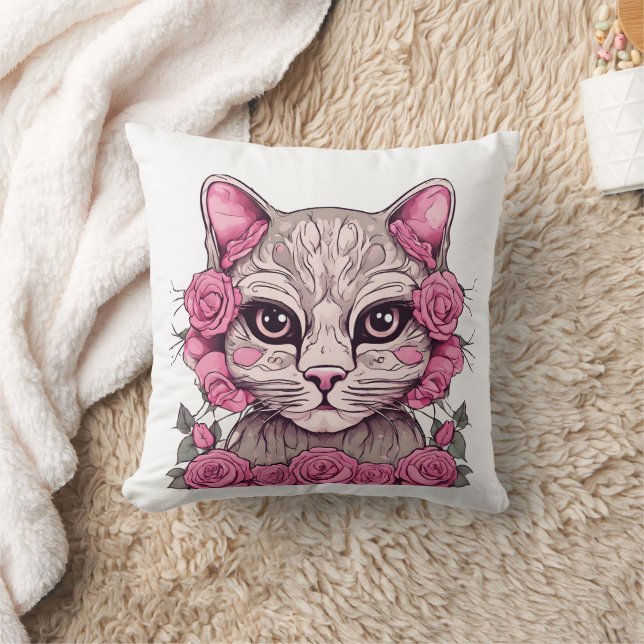 Oreiller jeté avec chat et roses roses (Couverture)