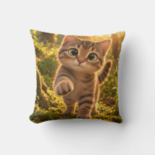 Oreiller jeté avec un mignon chaton dans une forêt