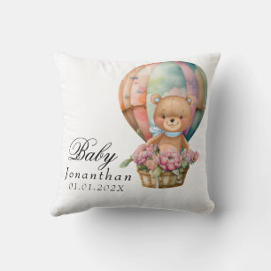 Oreiller jeté bébé montgolfière bleu ours en peluc