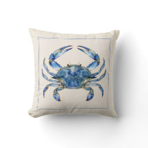 Oreiller jeté bleu crabe aquarelle côtier