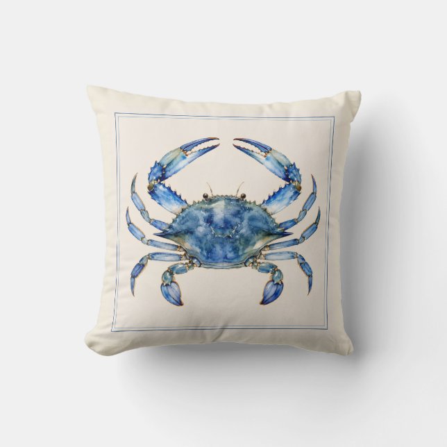 Oreiller jeté bleu crabe aquarelle côtier (Recto)