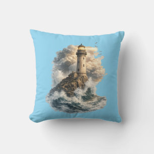Oreiller jeté bleu vintage phare océanique