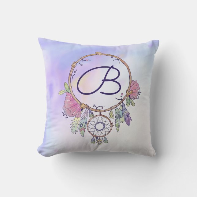 Oreiller jeté Boho Monogramme Aquarelle Attrape-Rê (Recto)