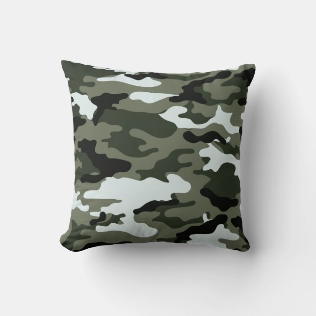 Oreiller jeté camouflage vert militaire. (Recto)