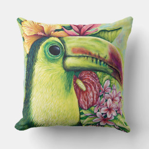 Oreiller jeté d'art tropical hawaïen vert Toucan
