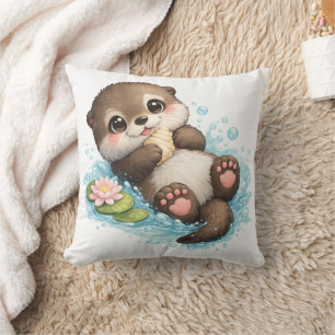 Oreiller jeté de bébé loutre mignon flottant dans