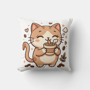 Oreiller jeté de chat mignon buvant du café