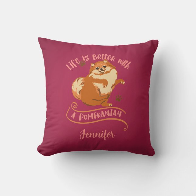 Oreiller jeté de chien Pomeranian rose (Recto)