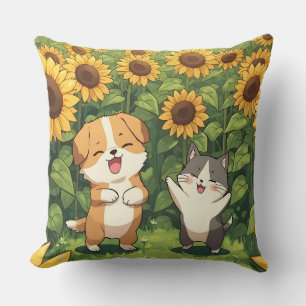 Oreiller jeté de tournesol de chat et de chien mig