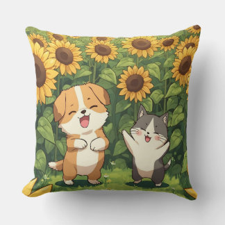 Oreiller jeté de tournesol de chat et de chien mig