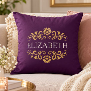 Oreiller jeté élégant monogramme violet or