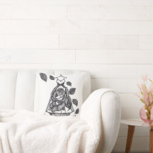 Oreiller jeté en ligne d'art botanique robe rose s