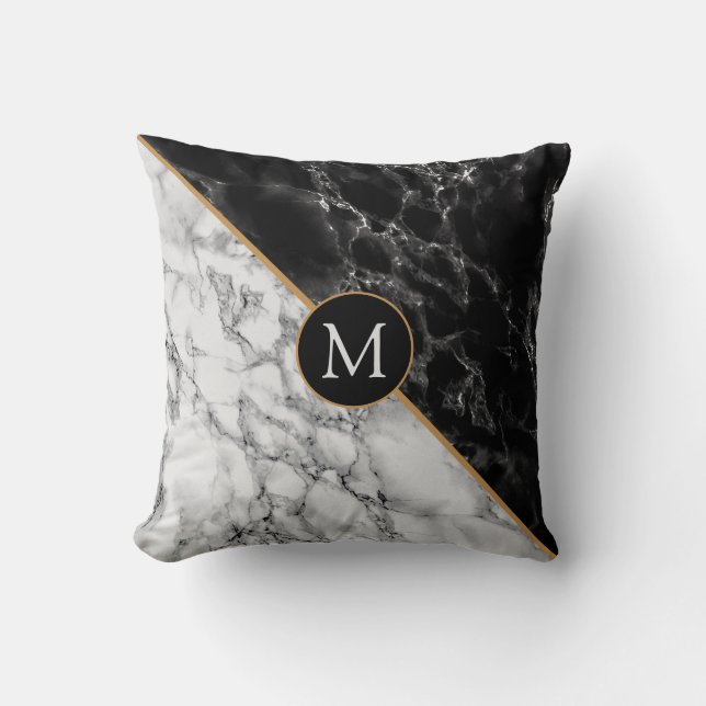 Oreiller jeté en marbre noir et blanc avec lettre  (Recto)