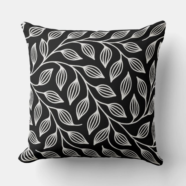 Oreiller jeté Feuilles Noir et Blanc (Recto)