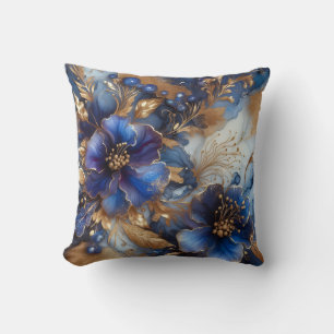 Oreiller jeté floral à encre alcoolique bleu royal