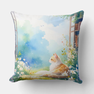 Oreiller jeté floral à motif de chat aquarelle cos