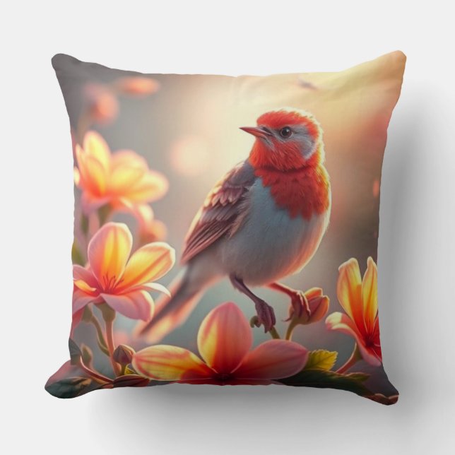 Oreiller jeté floral à oiseau orange (Recto)