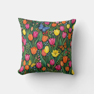 Oreiller jeté gouache papillons tulipes abstraits