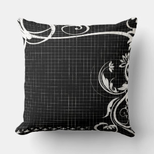 Oreiller jeté graphique avec tourbillons noir et b