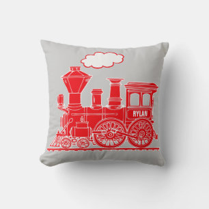 Oreiller jeté gris loco train à vapeur rouge vif
