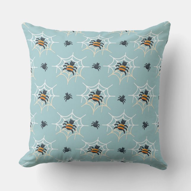 Oreiller jeté Halloween bleu clair avec araignées (Recto)