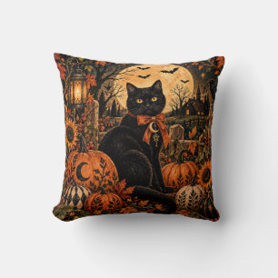Oreiller jeté Halloween Lune Citrouille Chat Noir