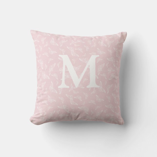 Oreiller jeté initial papillon rose et blanc (Recto)