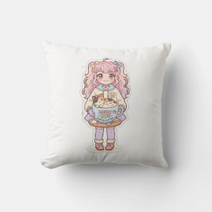 Oreiller jeté Kawaii Neko Cafe Anime Girl Chibi