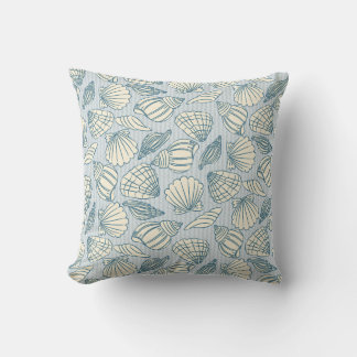 Oreiller jeté motif coquillages côtiers (bleu et s