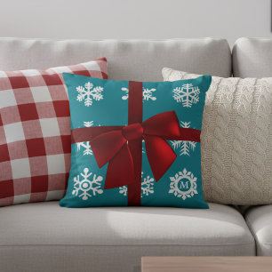 Oreiller jeté Noël Flocons de neige sarcelle Ruban