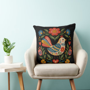 Oreiller jeté oiseau d'art populaire fantaisiste