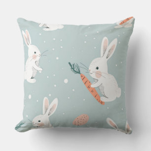 Oreiller jeté Pâques bleu avec lapin et carotte