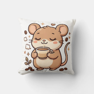 Oreiller jeté Souris Mignonne Buvant du Café