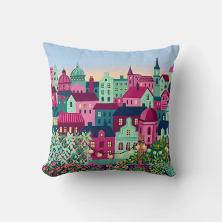 Oreiller jeté sur la skyline de la ville – Fuchsia