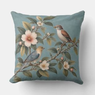 Oreiller jeté Vintage Garden Birds & Blossoms Bleu